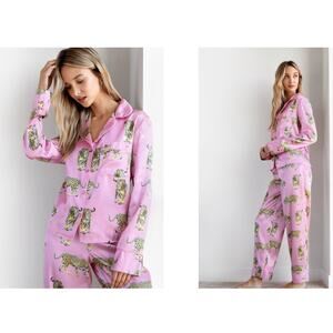 Nasty Gal Cheetahs Never Prosper Long Sleeve Pink Satin Pajama Set. Size 6
